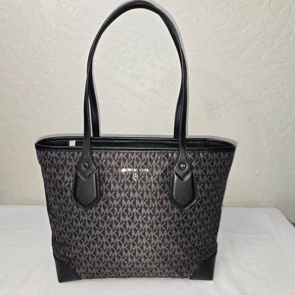 Michael Kors Eva Black / Gray Signature Logo Zip Top Shoulder Tote Bag - Picture 6 of 11
